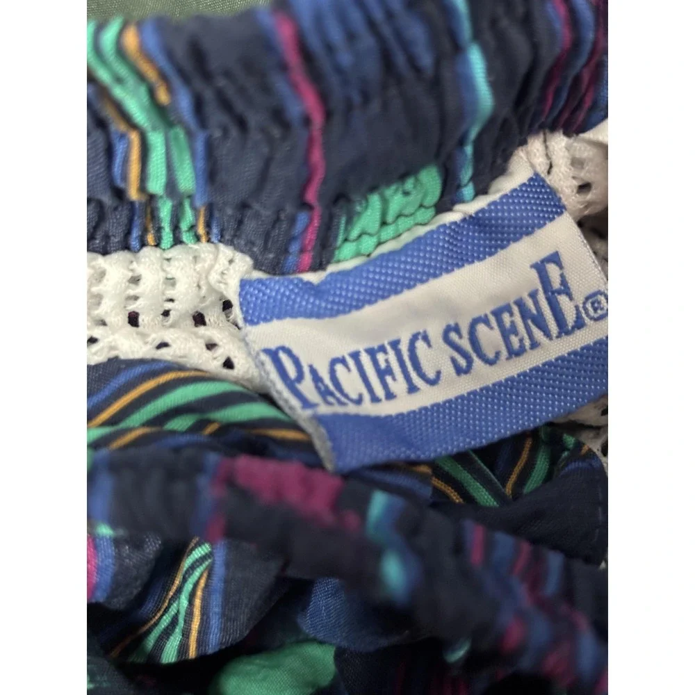 Pacific Scene Swim Trunks Mens Large Blue Multicolor Nylon Mesh Lined Drawstring